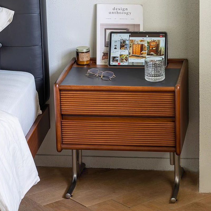 Traditional Vintage Sintered Stone Rectangular Top Solid Wood T-Shaped Stainless Steel Legs Nightstand 2-Drawer For Bedroom