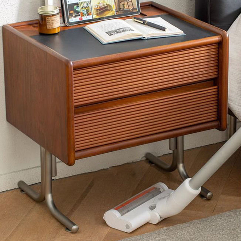 Traditional Vintage Sintered Stone Rectangular Top Solid Wood T-Shaped Stainless Steel Legs Nightstand 2-Drawer For Bedroom