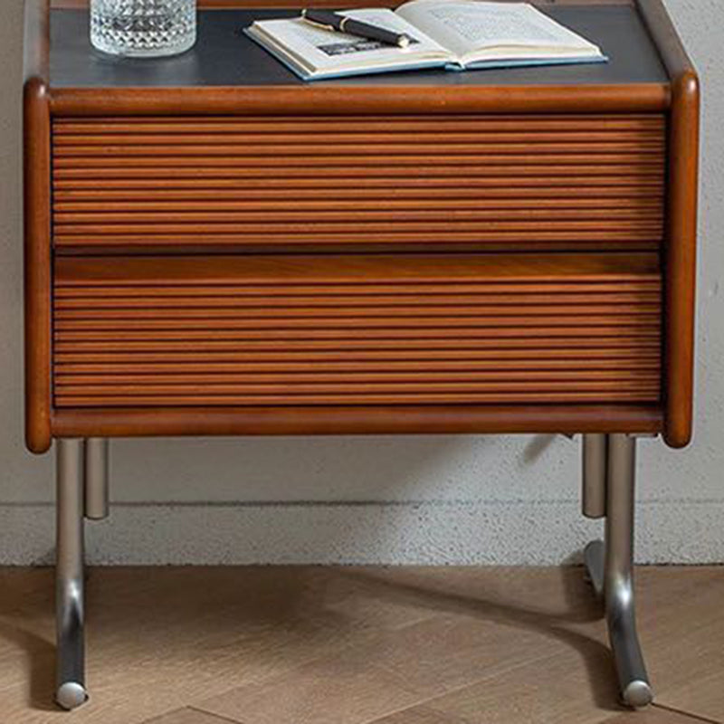 Traditional Vintage Sintered Stone Rectangular Top Solid Wood T-Shaped Stainless Steel Legs Nightstand 2-Drawer For Bedroom