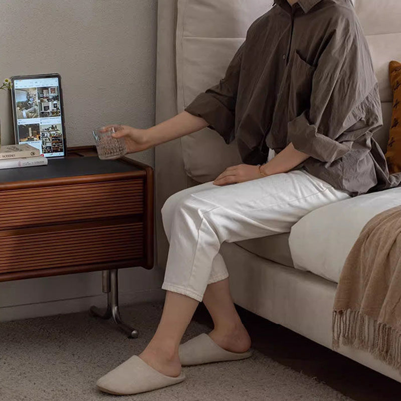 Traditional Vintage Sintered Stone Rectangular Top Solid Wood T-Shaped Stainless Steel Legs Nightstand 2-Drawer For Bedroom