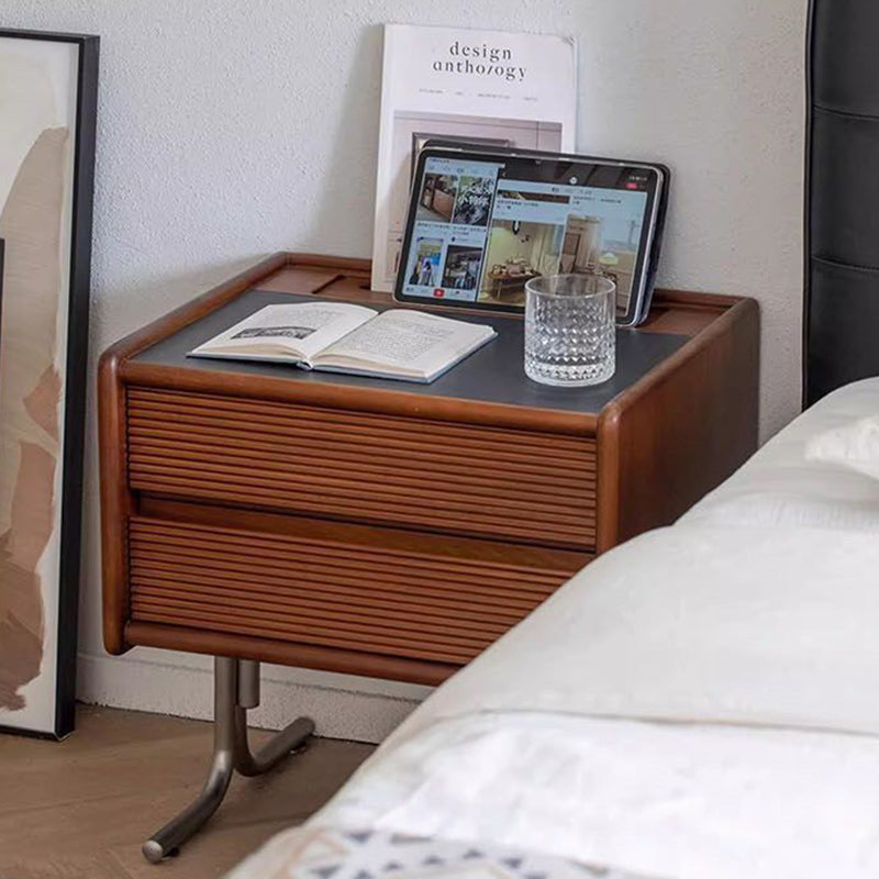 Traditional Vintage Sintered Stone Rectangular Top Solid Wood T-Shaped Stainless Steel Legs Nightstand 2-Drawer For Bedroom