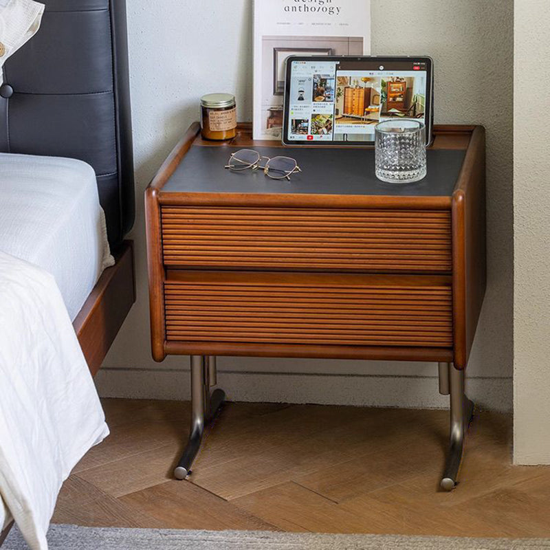 Traditional Vintage Sintered Stone Rectangular Top Solid Wood T-Shaped Stainless Steel Legs Nightstand 2-Drawer For Bedroom