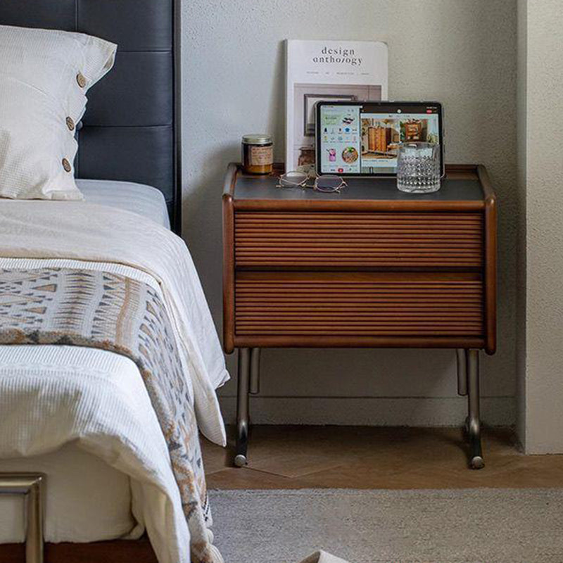 Traditional Vintage Sintered Stone Rectangular Top Solid Wood T-Shaped Stainless Steel Legs Nightstand 2-Drawer For Bedroom