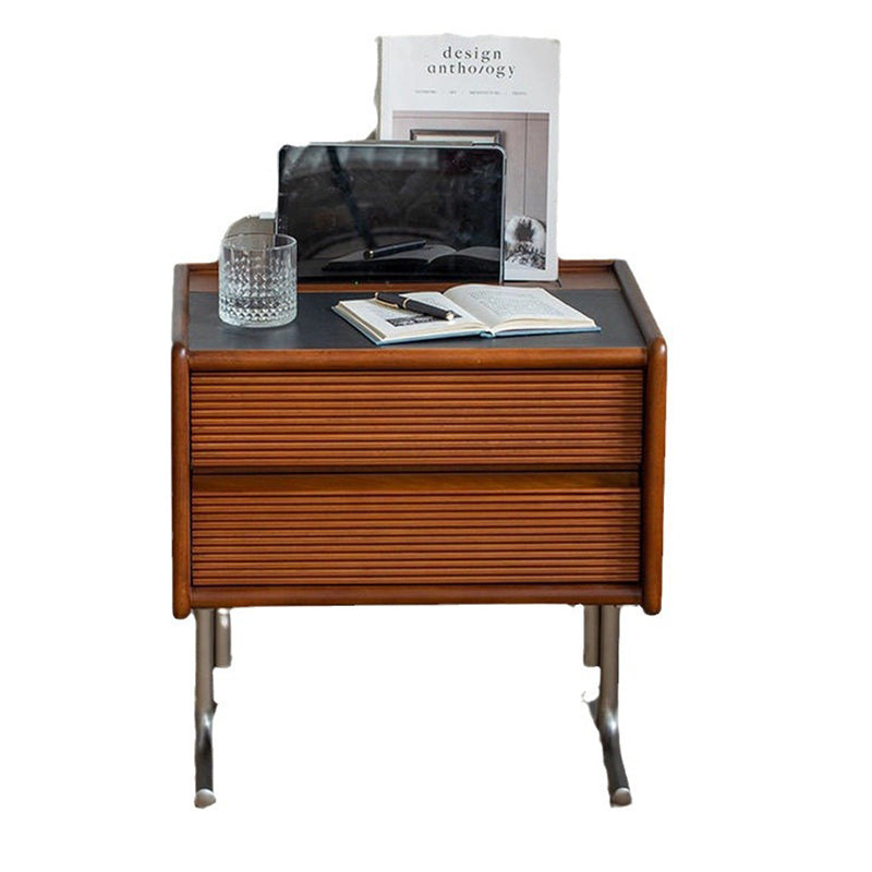 Traditional Vintage Sintered Stone Rectangular Top Solid Wood T-Shaped Stainless Steel Legs Nightstand 2-Drawer For Bedroom