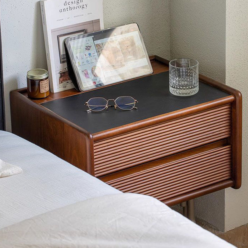Traditional Vintage Sintered Stone Rectangular Top Solid Wood T-Shaped Stainless Steel Legs Nightstand 2-Drawer For Bedroom