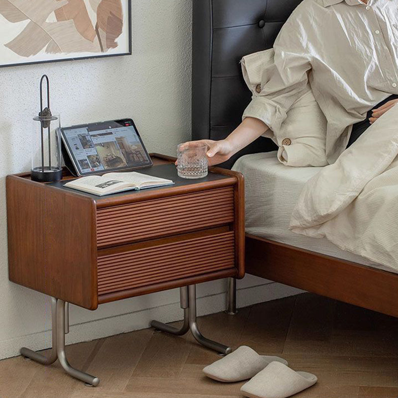 Traditional Vintage Sintered Stone Rectangular Top Solid Wood T-Shaped Stainless Steel Legs Nightstand 2-Drawer For Bedroom