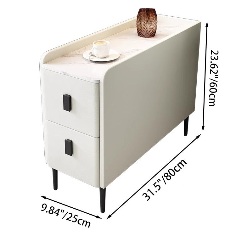 Contemporary Simplicity Sintered Stone Rectangular Top Solid Wood Frame Ultra-Narrow Nightstand Space-Saving Cabinet 2-Drawer For Bedroom