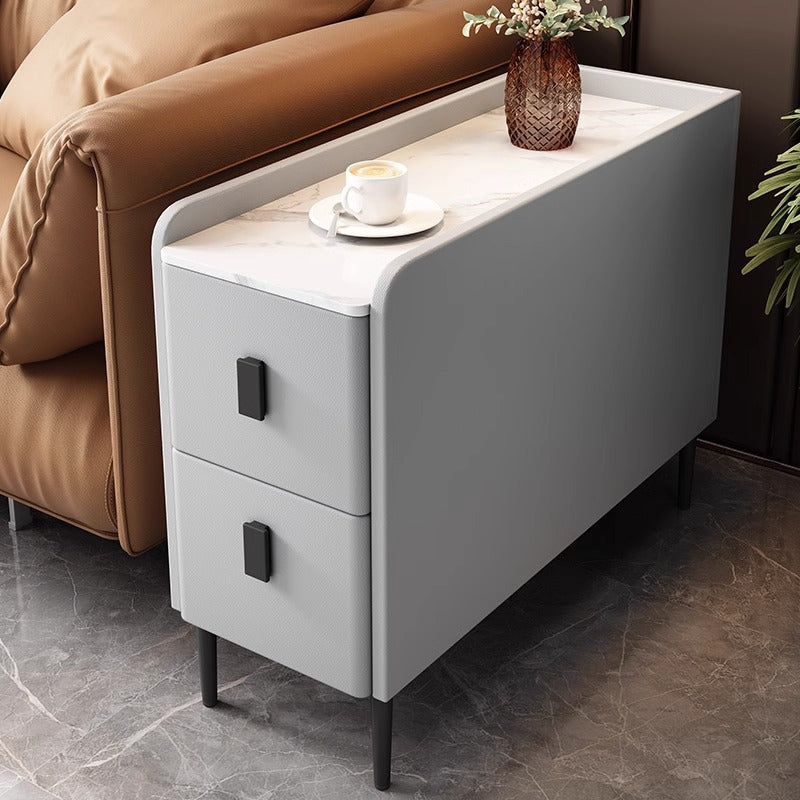 Contemporary Simplicity Sintered Stone Rectangular Top Solid Wood Frame Ultra-Narrow Nightstand Space-Saving Cabinet 2-Drawer For Bedroom