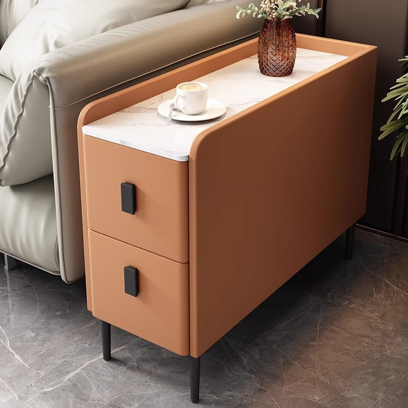 Contemporary Simplicity Sintered Stone Rectangular Top Solid Wood Frame Ultra-Narrow Nightstand Space-Saving Cabinet 2-Drawer For Bedroom