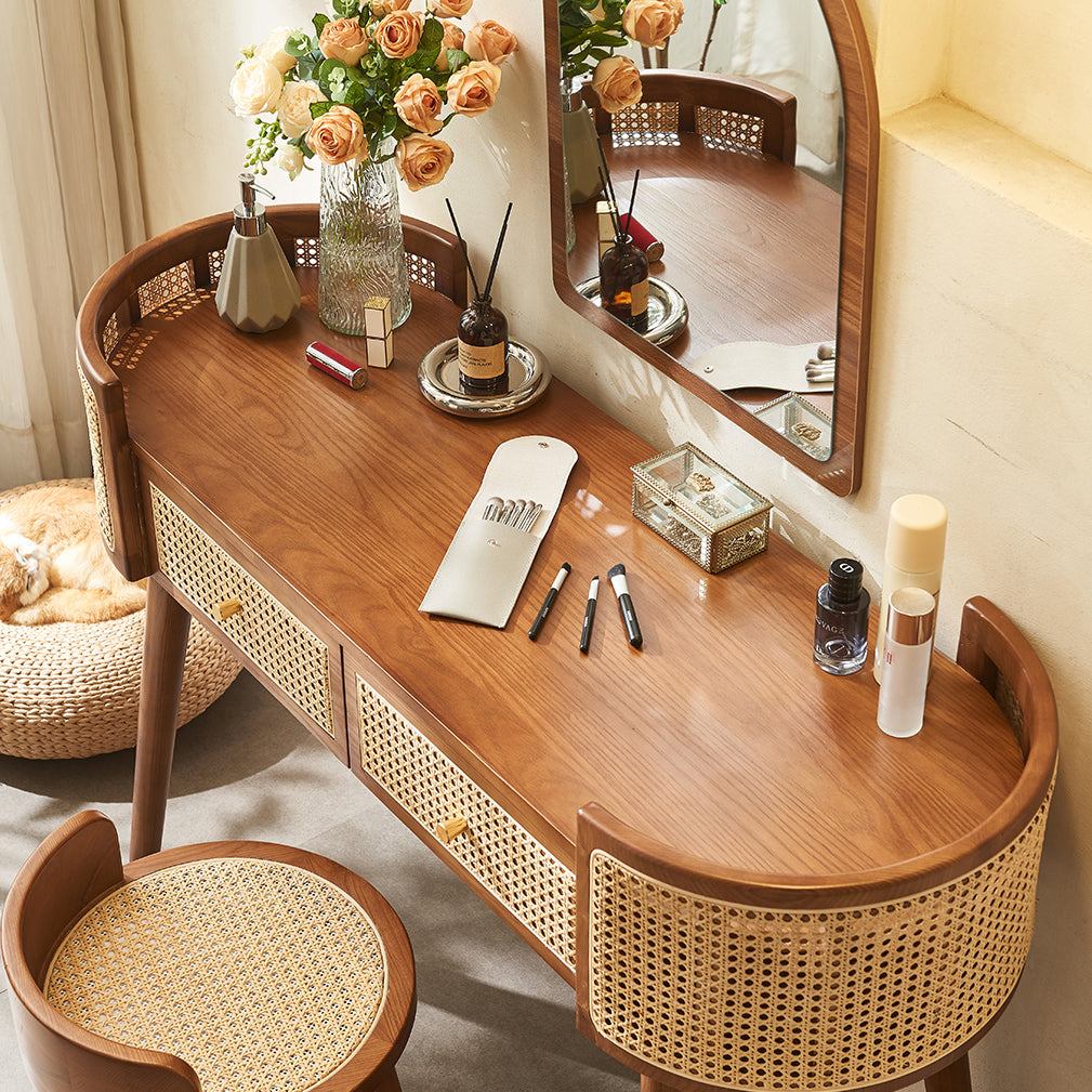 Contemporary Retro Oblong Solid Wood Rattan Dressing Table 2-Drawer For Bedroom