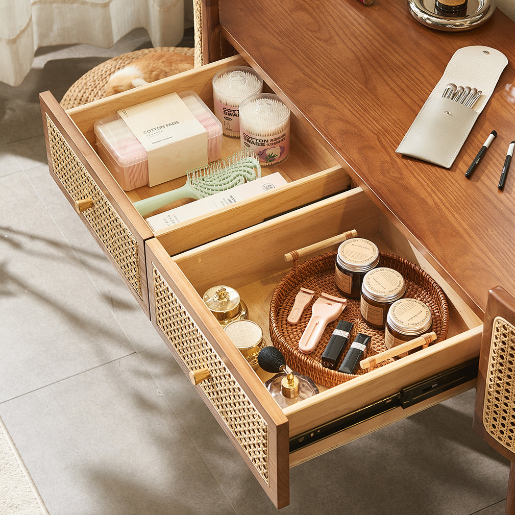 Contemporary Retro Oblong Solid Wood Rattan Dressing Table 2-Drawer For Bedroom
