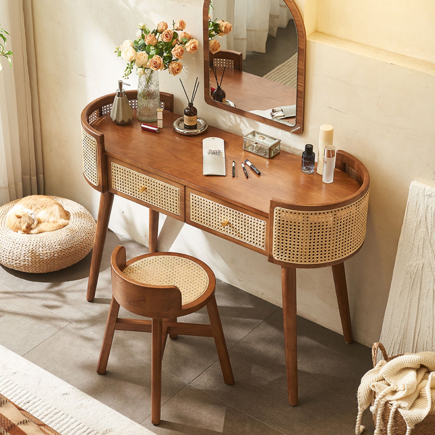 Contemporary Retro Oblong Solid Wood Rattan Dressing Table 2-Drawer For Bedroom