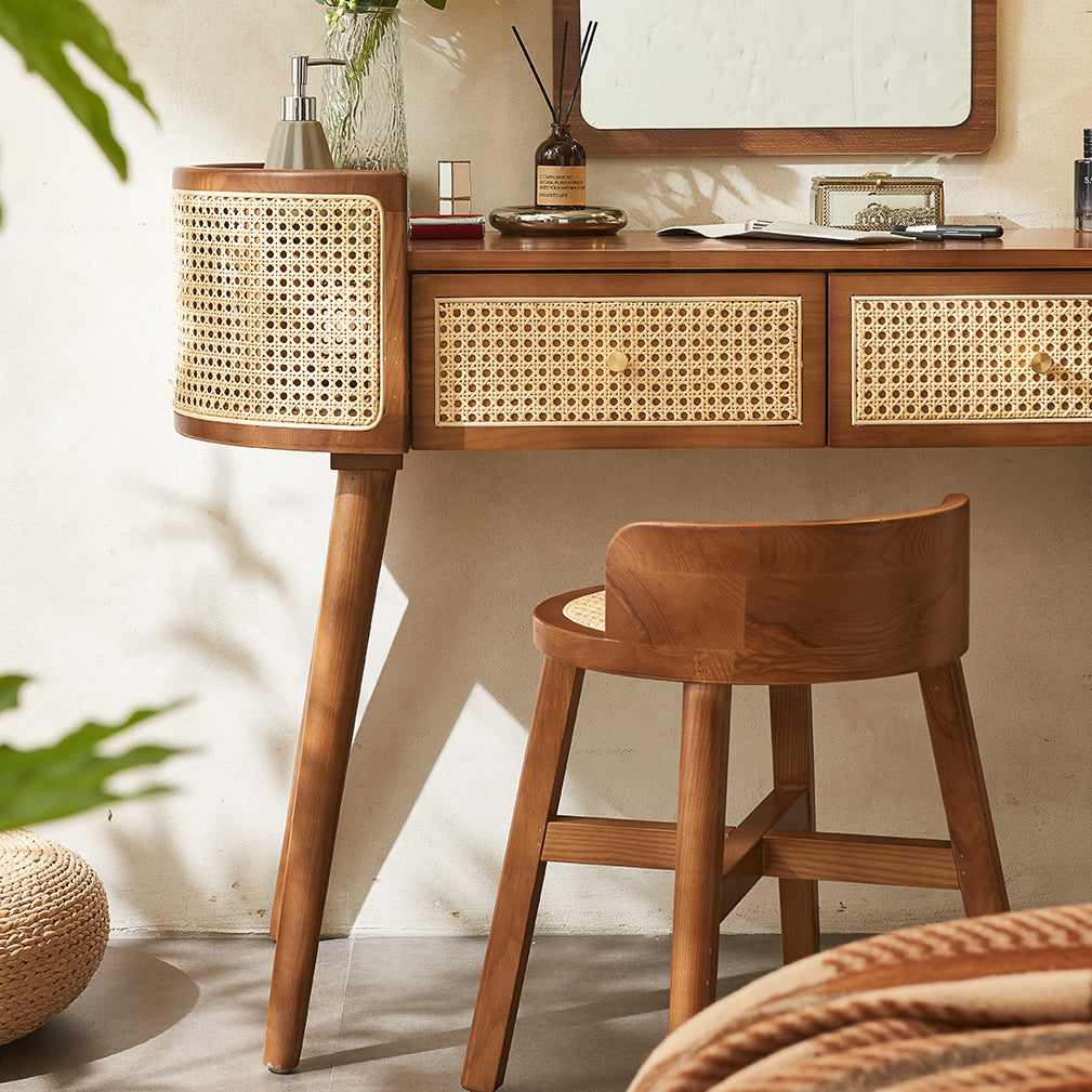 Contemporary Retro Oblong Solid Wood Rattan Dressing Table 2-Drawer For Bedroom