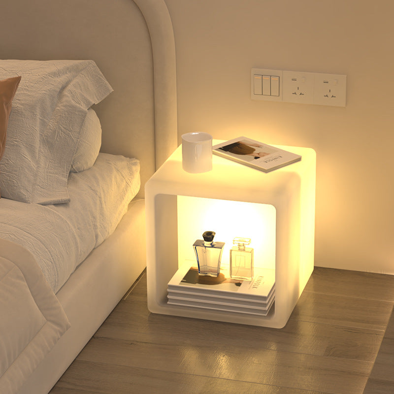 Modern Minimalist Plastic Geometric Cube Illuminated Nightstand 1-Storage Cabinet For Bedroom