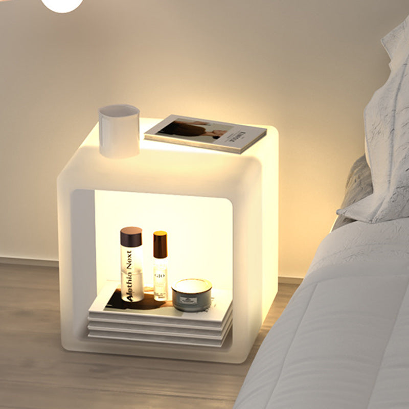Modern Minimalist Plastic Geometric Cube Illuminated Nightstand 1-Storage Cabinet For Bedroom