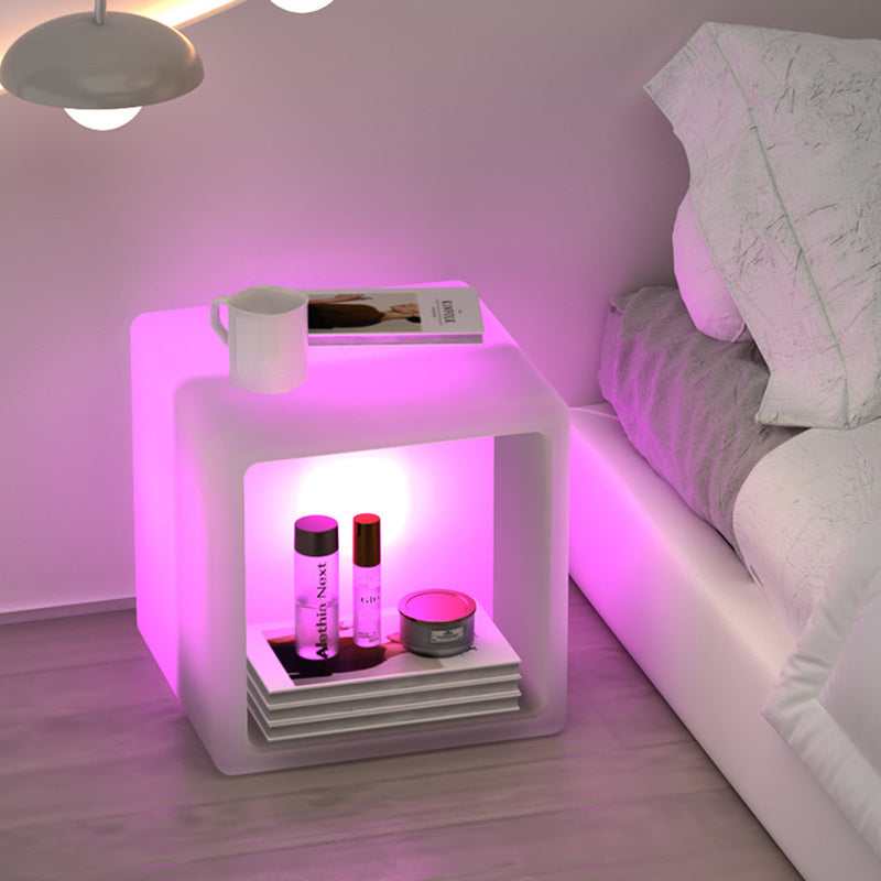 Modern Minimalist Plastic Geometric Cube Illuminated Nightstand 1-Storage Cabinet For Bedroom