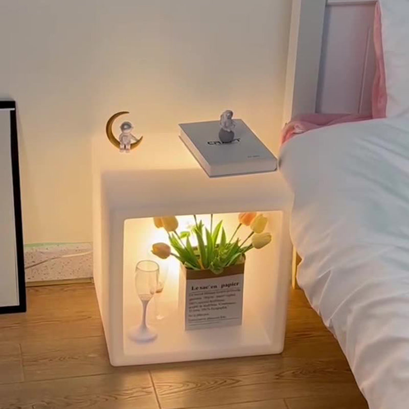 Modern Minimalist Plastic Geometric Cube Illuminated Nightstand 1-Storage Cabinet For Bedroom