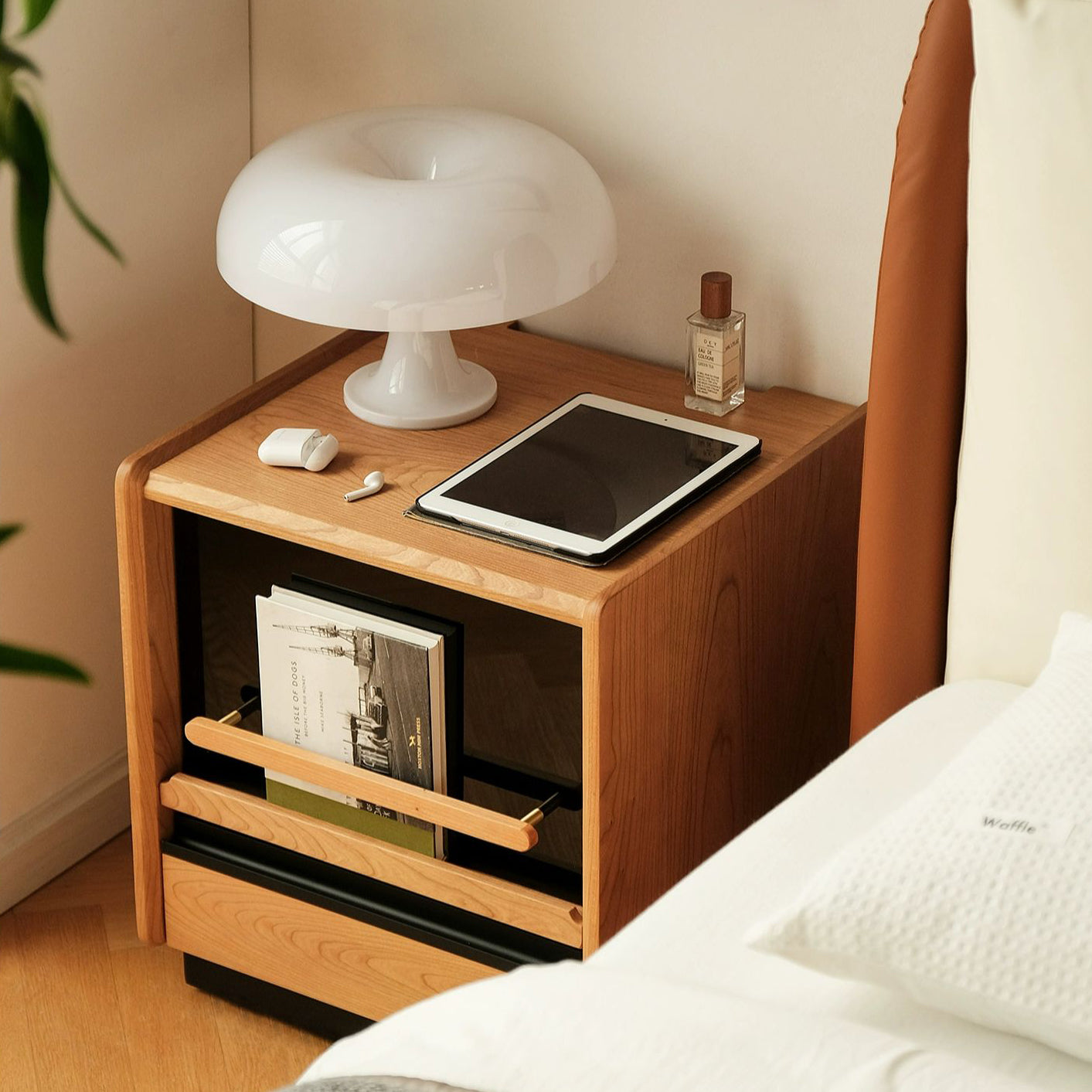 Contemporary Retro Cube Sintered Stone Top Cherry Wood Frame Nightstand 1-Drawer For Bedroom