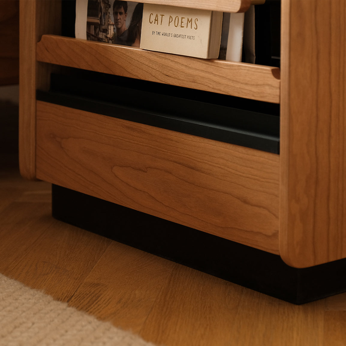 Contemporary Retro Cube Sintered Stone Top Cherry Wood Frame Nightstand 1-Drawer For Bedroom