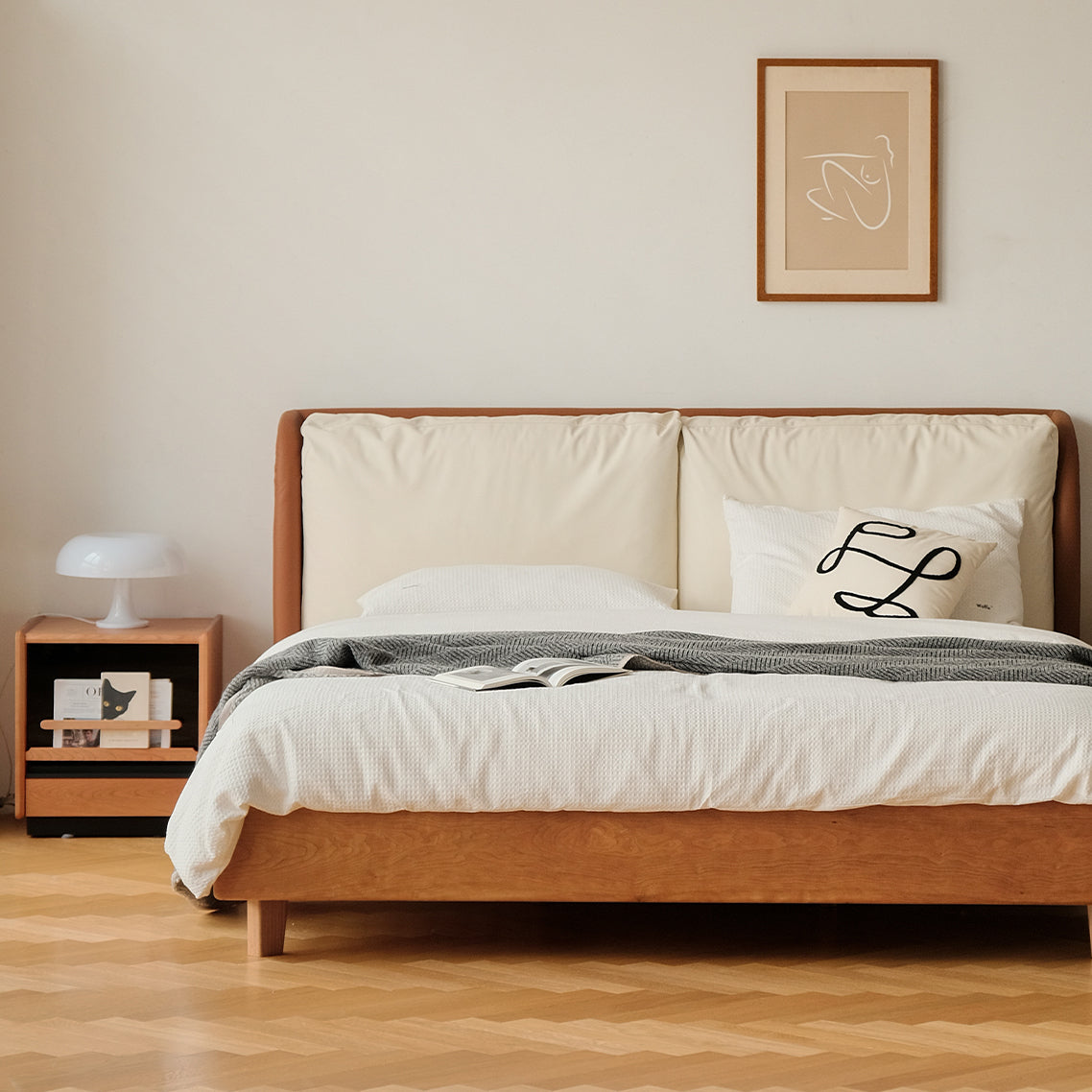 Contemporary Retro Cube Sintered Stone Top Cherry Wood Frame Nightstand 1-Drawer For Bedroom