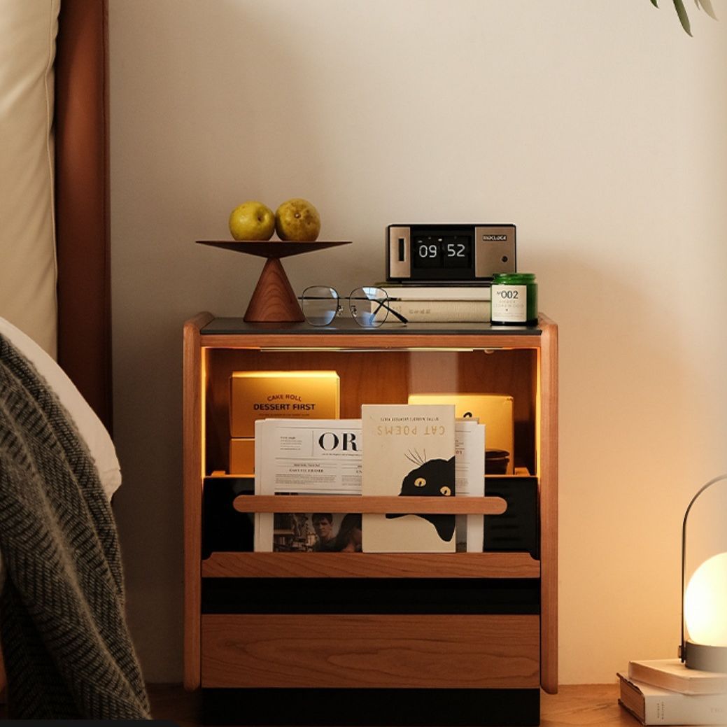 Contemporary Retro Cube Sintered Stone Top Cherry Wood Frame Nightstand 1-Drawer For Bedroom