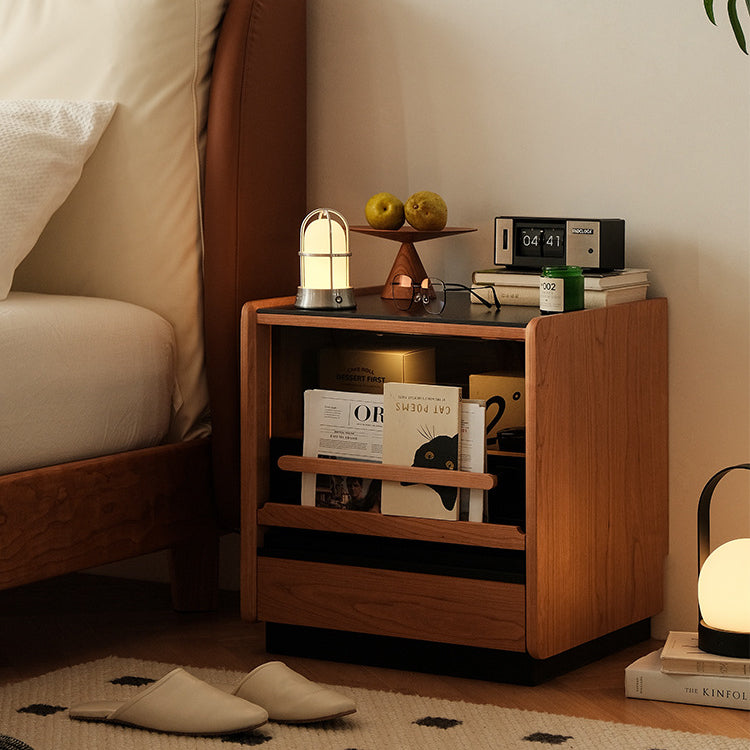 Contemporary Retro Cube Sintered Stone Top Cherry Wood Frame Nightstand 1-Drawer For Bedroom