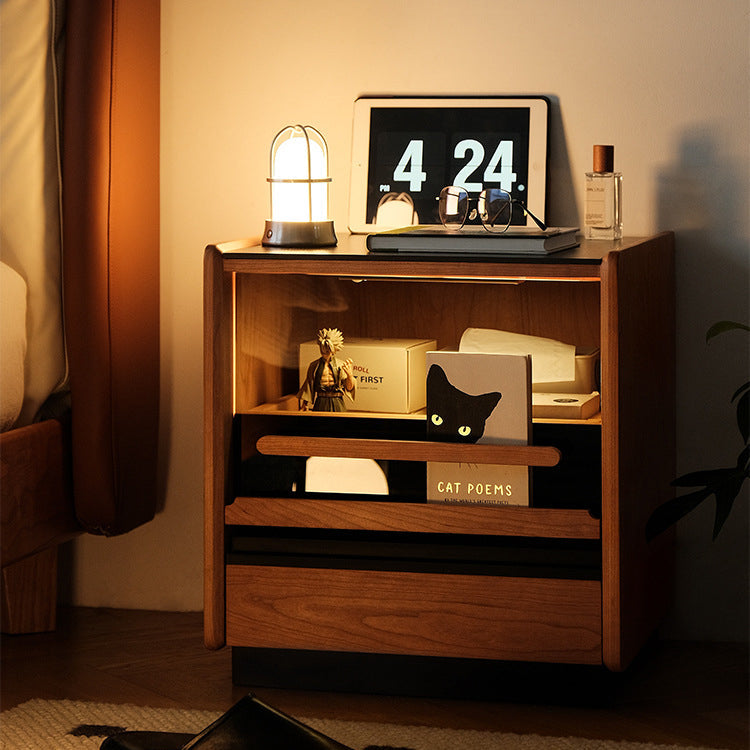 Contemporary Retro Cube Sintered Stone Top Cherry Wood Frame Nightstand 1-Drawer For Bedroom