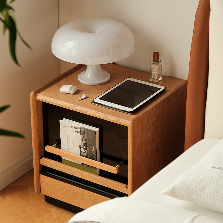 Contemporary Retro Cube Sintered Stone Top Cherry Wood Frame Nightstand 1-Drawer For Bedroom