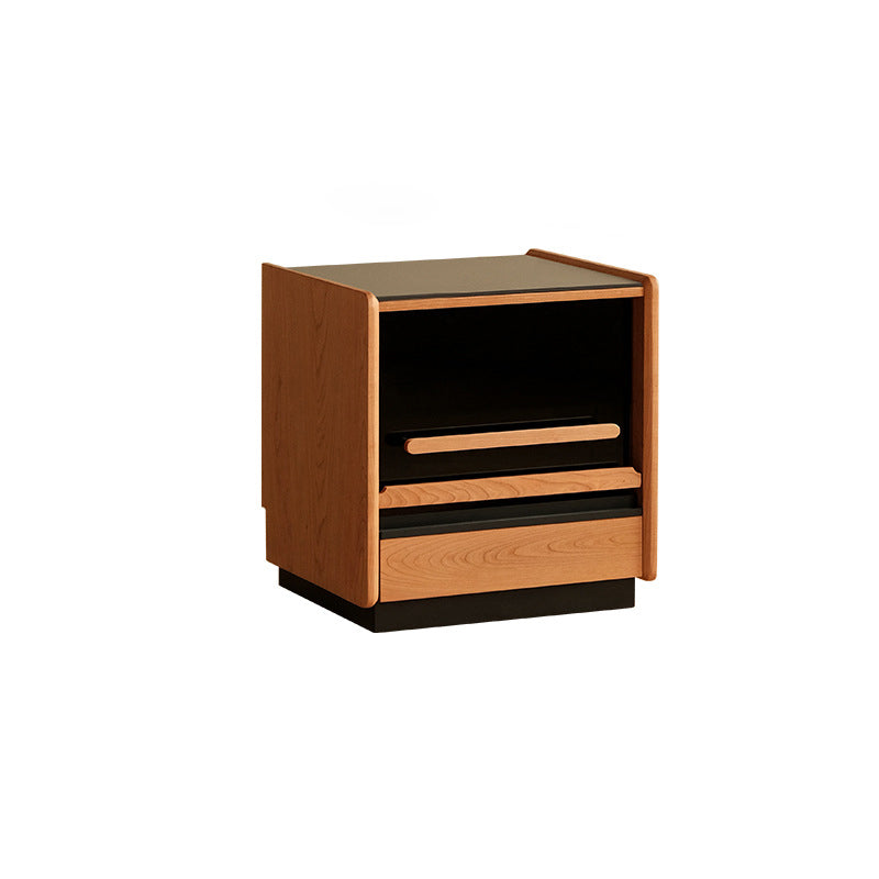 Contemporary Retro Cube Sintered Stone Top Cherry Wood Frame Nightstand 1-Drawer For Bedroom