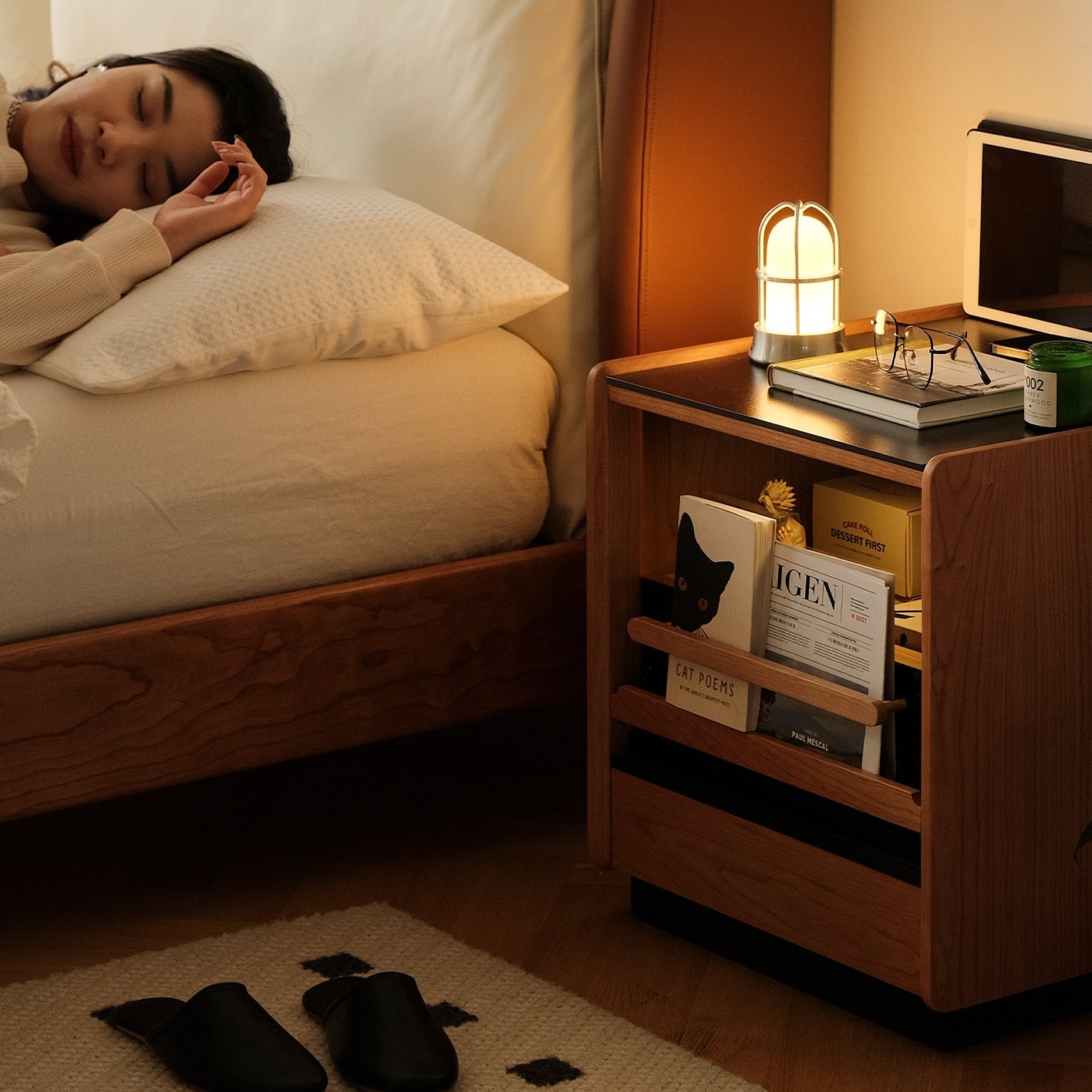 Contemporary Retro Cube Sintered Stone Top Cherry Wood Frame Nightstand 1-Drawer For Bedroom