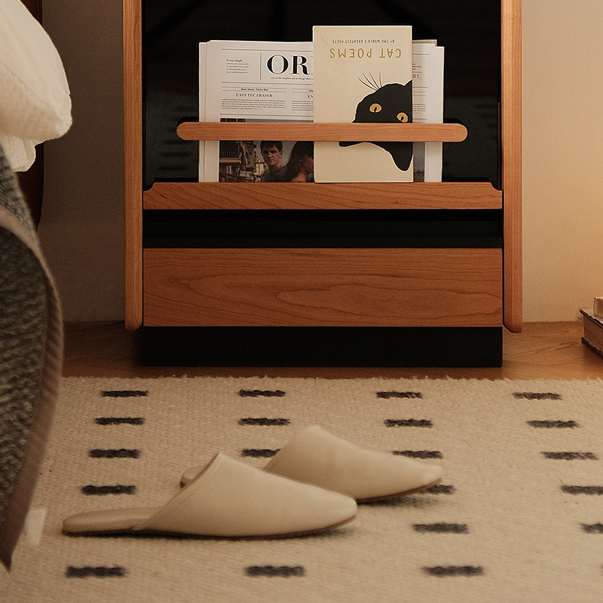 Contemporary Retro Cube Sintered Stone Top Cherry Wood Frame Nightstand 1-Drawer For Bedroom