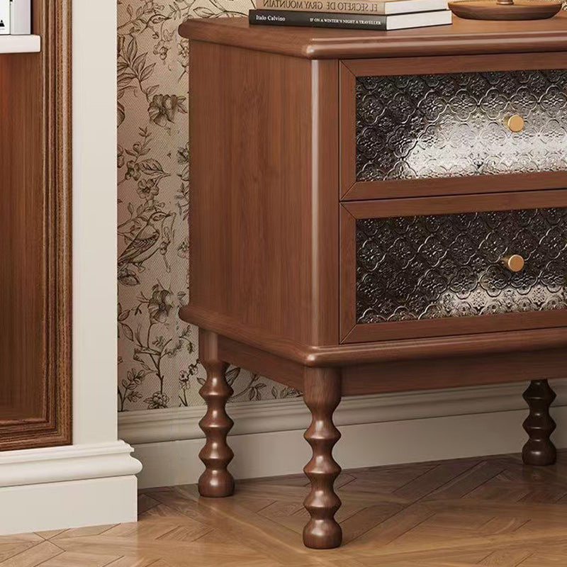 Traditional French Cube Solid Wood Glass Nightstand 2-Drawer For Bedroom