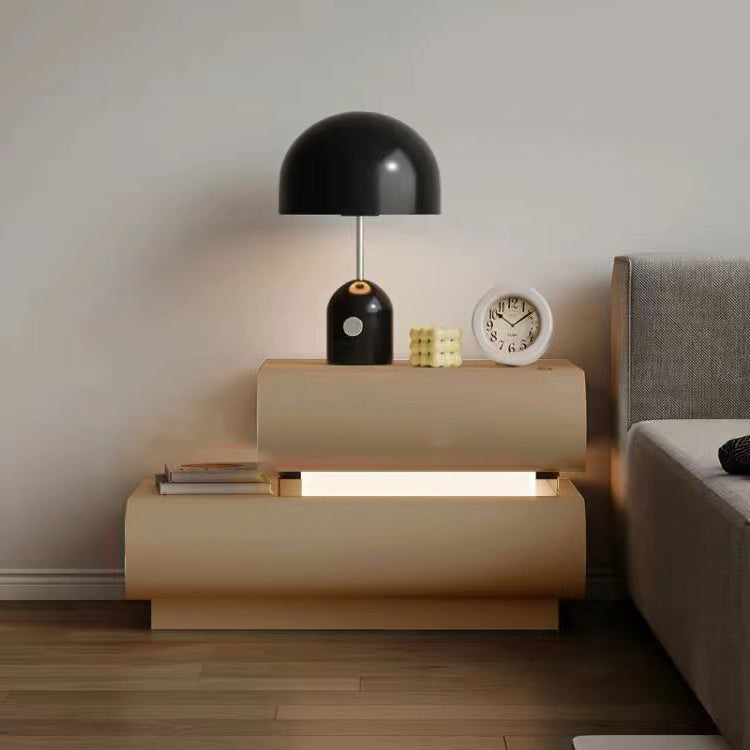 Modern Minimalist Cream Strip Light Double Rectangular Wood Rock Slab Microfiber Leather Nightstand 2-Drawer For Bedroom