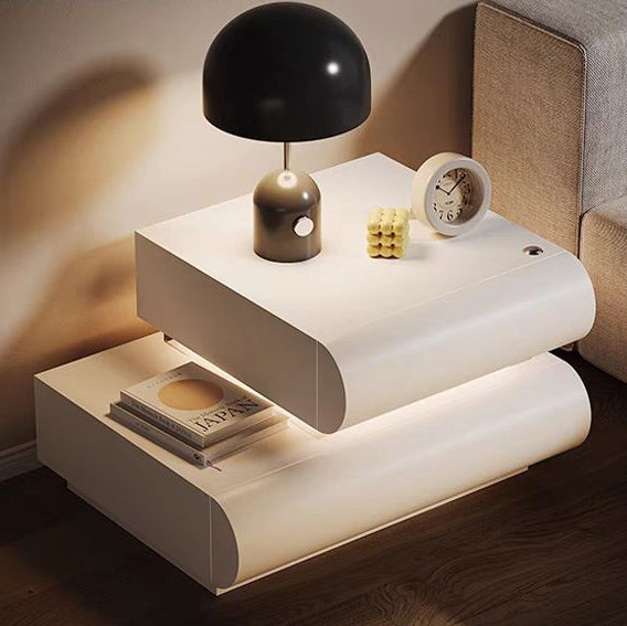 Modern Minimalist Cream Strip Light Double Rectangular Wood Rock Slab Microfiber Leather Nightstand 2-Drawer For Bedroom