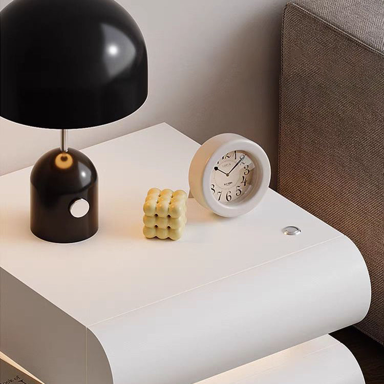 Modern Minimalist Cream Strip Light Double Rectangular Wood Rock Slab Microfiber Leather Nightstand 2-Drawer For Bedroom