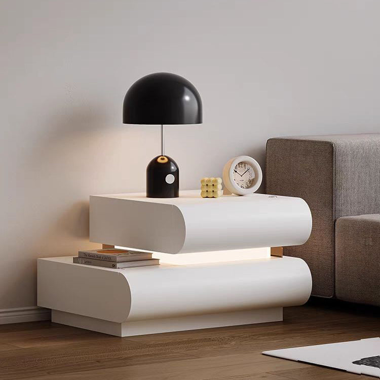 Modern Minimalist Cream Strip Light Double Rectangular Wood Rock Slab Microfiber Leather Nightstand 2-Drawer For Bedroom