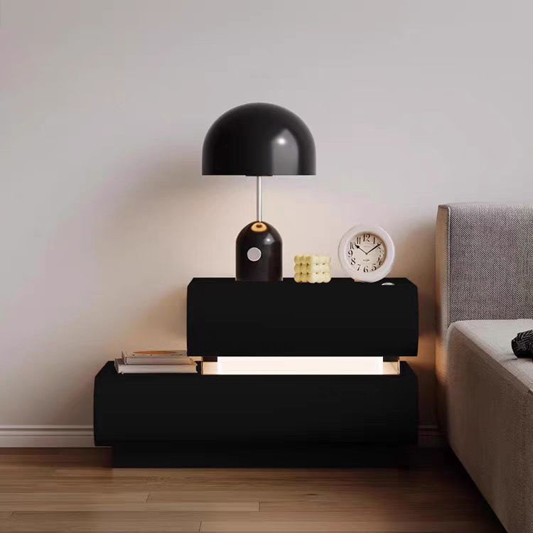 Modern Minimalist Cream Strip Light Double Rectangular Wood Rock Slab Microfiber Leather Nightstand 2-Drawer For Bedroom