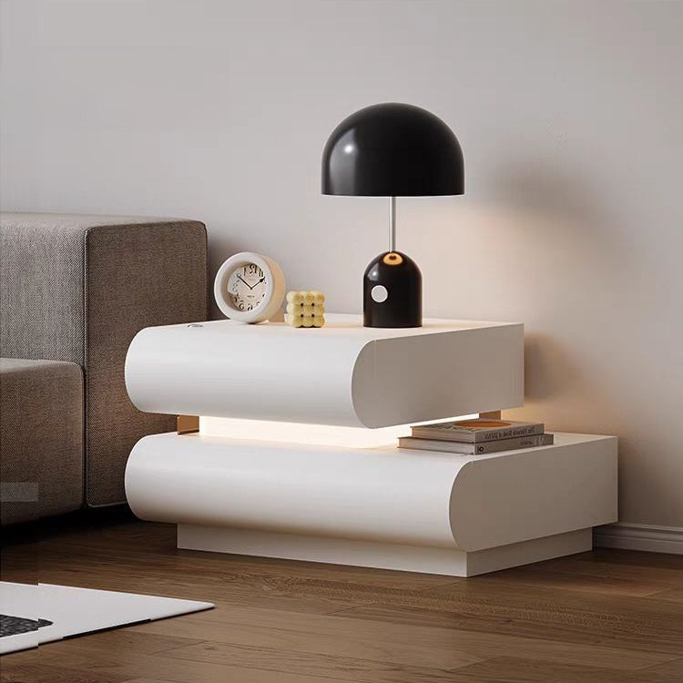 Modern Minimalist Cream Strip Light Double Rectangular Wood Rock Slab Microfiber Leather Nightstand 2-Drawer For Bedroom