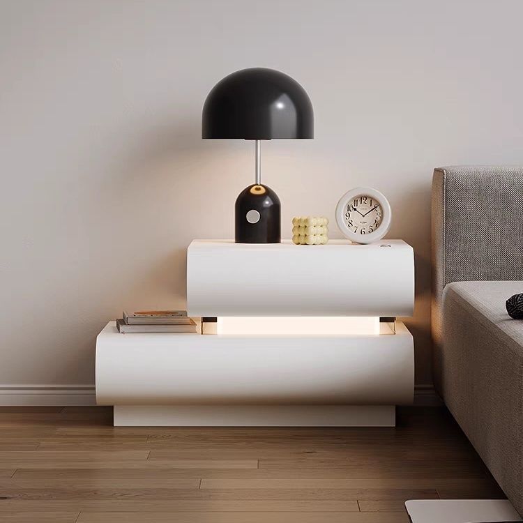 Modern Minimalist Cream Strip Light Double Rectangular Wood Rock Slab Microfiber Leather Nightstand 2-Drawer For Bedroom