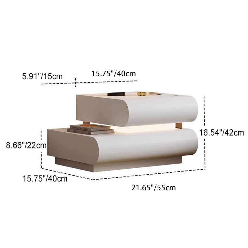 Modern Minimalist Cream Strip Light Double Rectangular Wood Rock Slab Microfiber Leather Nightstand 2-Drawer For Bedroom