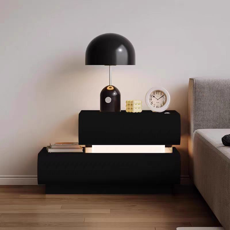 Modern Minimalist Cream Strip Light Double Rectangular Wood Rock Slab Microfiber Leather Nightstand 2-Drawer For Bedroom