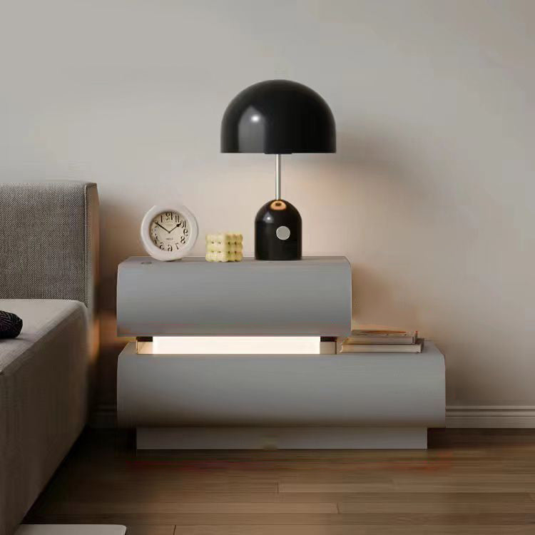 Modern Minimalist Cream Strip Light Double Rectangular Wood Rock Slab Microfiber Leather Nightstand 2-Drawer For Bedroom