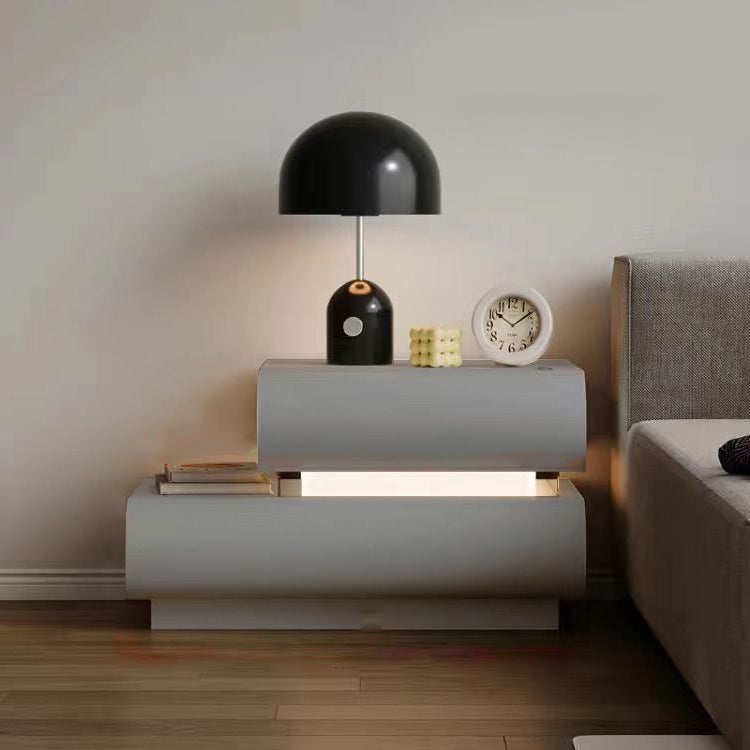 Modern Minimalist Cream Strip Light Double Rectangular Wood Rock Slab Microfiber Leather Nightstand 2-Drawer For Bedroom