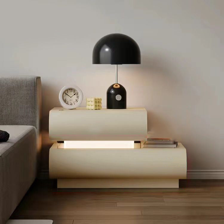 Modern Minimalist Cream Strip Light Double Rectangular Wood Rock Slab Microfiber Leather Nightstand 2-Drawer For Bedroom