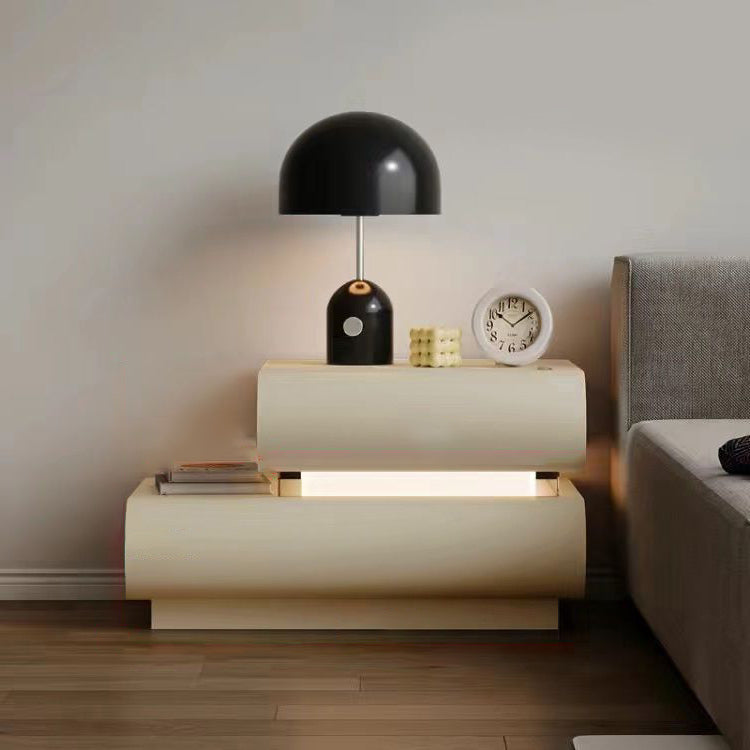 Modern Minimalist Cream Strip Light Double Rectangular Wood Rock Slab Microfiber Leather Nightstand 2-Drawer For Bedroom