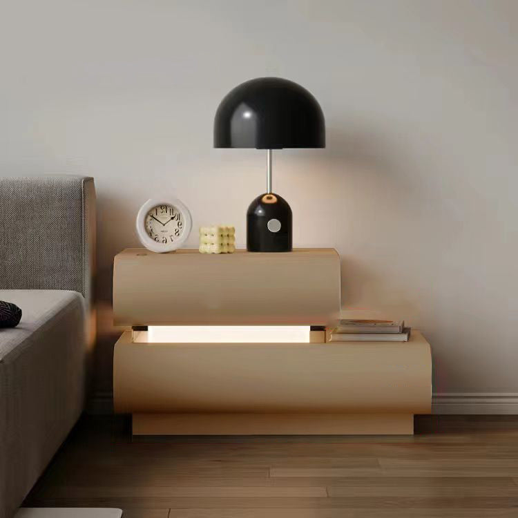 Modern Minimalist Cream Strip Light Double Rectangular Wood Rock Slab Microfiber Leather Nightstand 2-Drawer For Bedroom