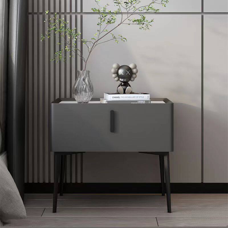 Contemporary Scandinavian Cream Rectangular Wood Rock Slab Microfiber Leather Nightstand 1-Drawer For Bedroom