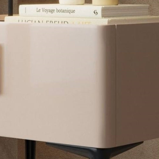 Contemporary Scandinavian Cream Rectangular Wood Rock Slab Microfiber Leather Nightstand 1-Drawer For Bedroom
