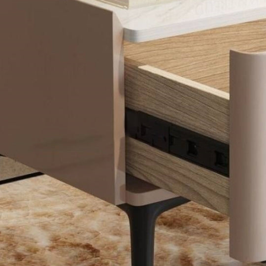 Contemporary Scandinavian Cream Rectangular Wood Rock Slab Microfiber Leather Nightstand 1-Drawer For Bedroom