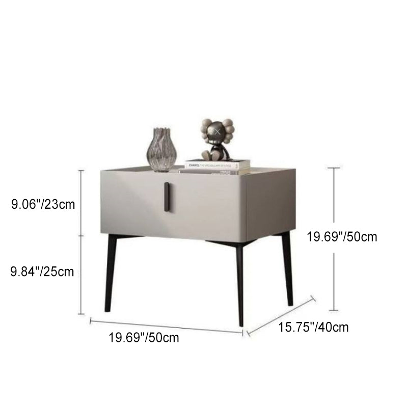 Contemporary Scandinavian Cream Rectangular Wood Rock Slab Microfiber Leather Nightstand 1-Drawer For Bedroom